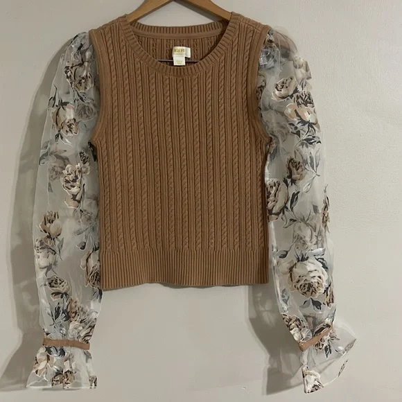 ANTHROPOLOGIE Maeve Contrast Sheer Sleeve Floral Cable Knit Sweater small - Picture 3 of 8
